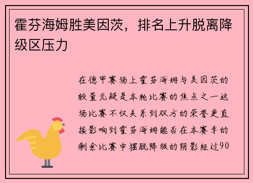 霍芬海姆胜美因茨，排名上升脱离降级区压力