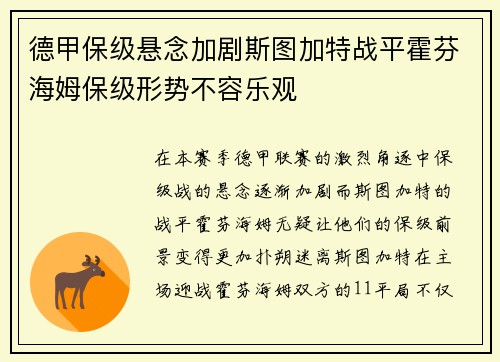德甲保级悬念加剧斯图加特战平霍芬海姆保级形势不容乐观